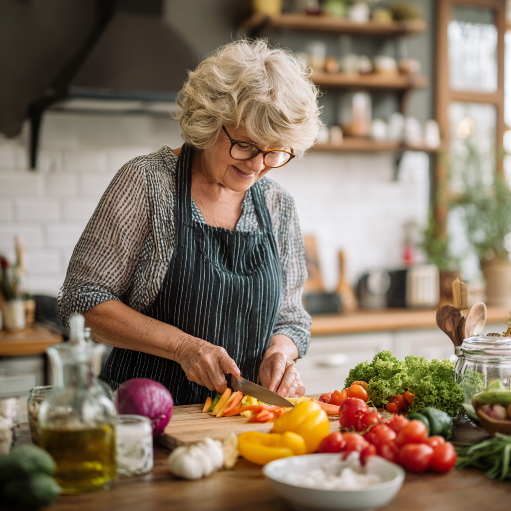 Smiling elderly European woman holding a bowl of fresh fruits and vegetables, looking energetic and healthy in a bright kitchen