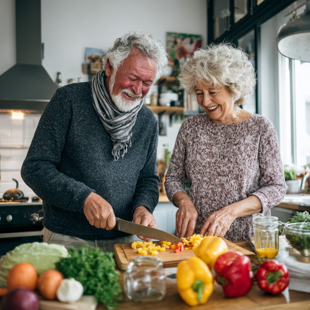 Happy elderly European man preparing a balanced meal with vegetables and proteins in a modern kitchen, showing satisfaction and health