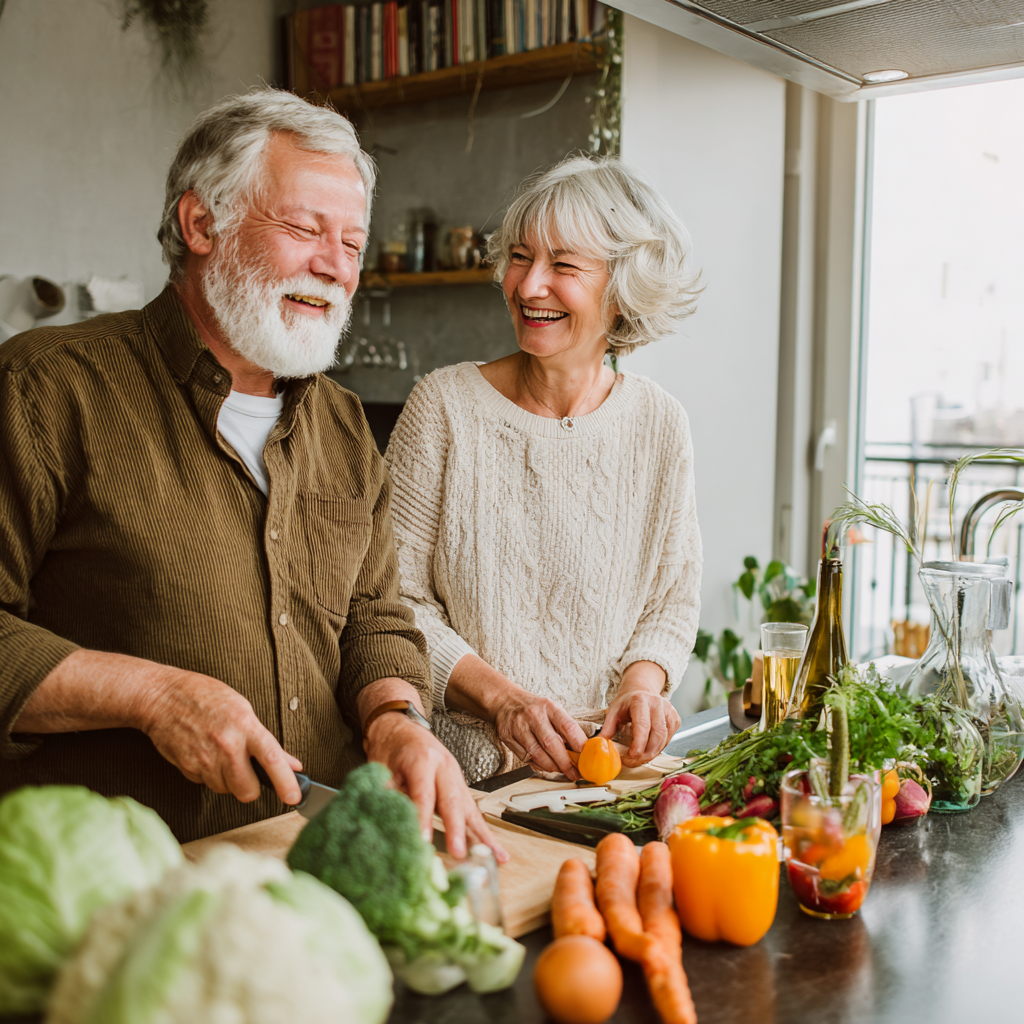 Thoughtful elderly European woman sitting at a table with healthy food, appearing mindful and satisfied while eating